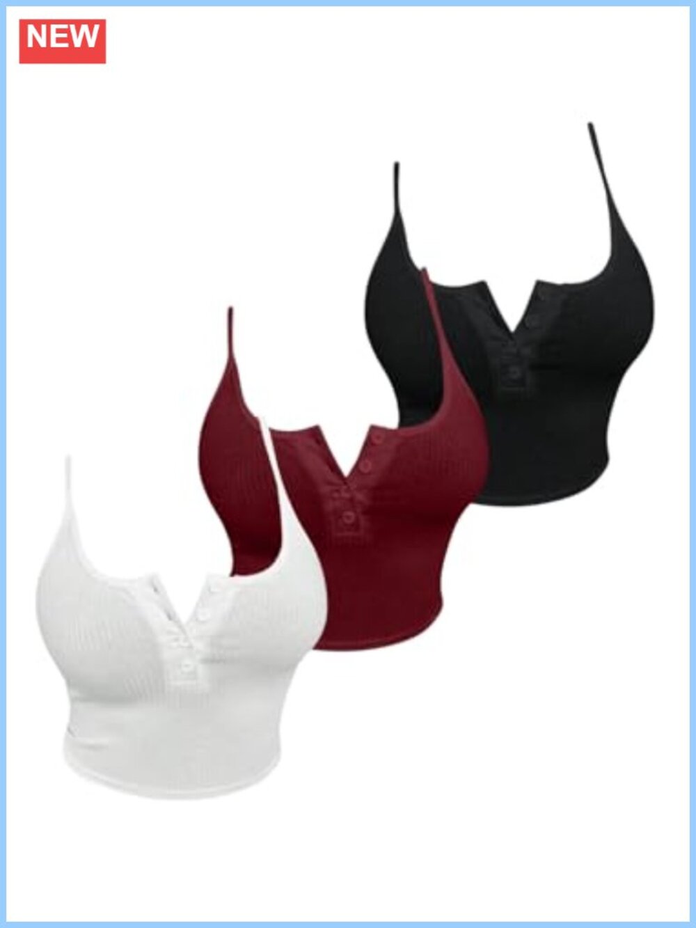 Ribbed Knit Crop Cami Top 3 Piece Set Button Front Slim Fit Spaghetti Strap